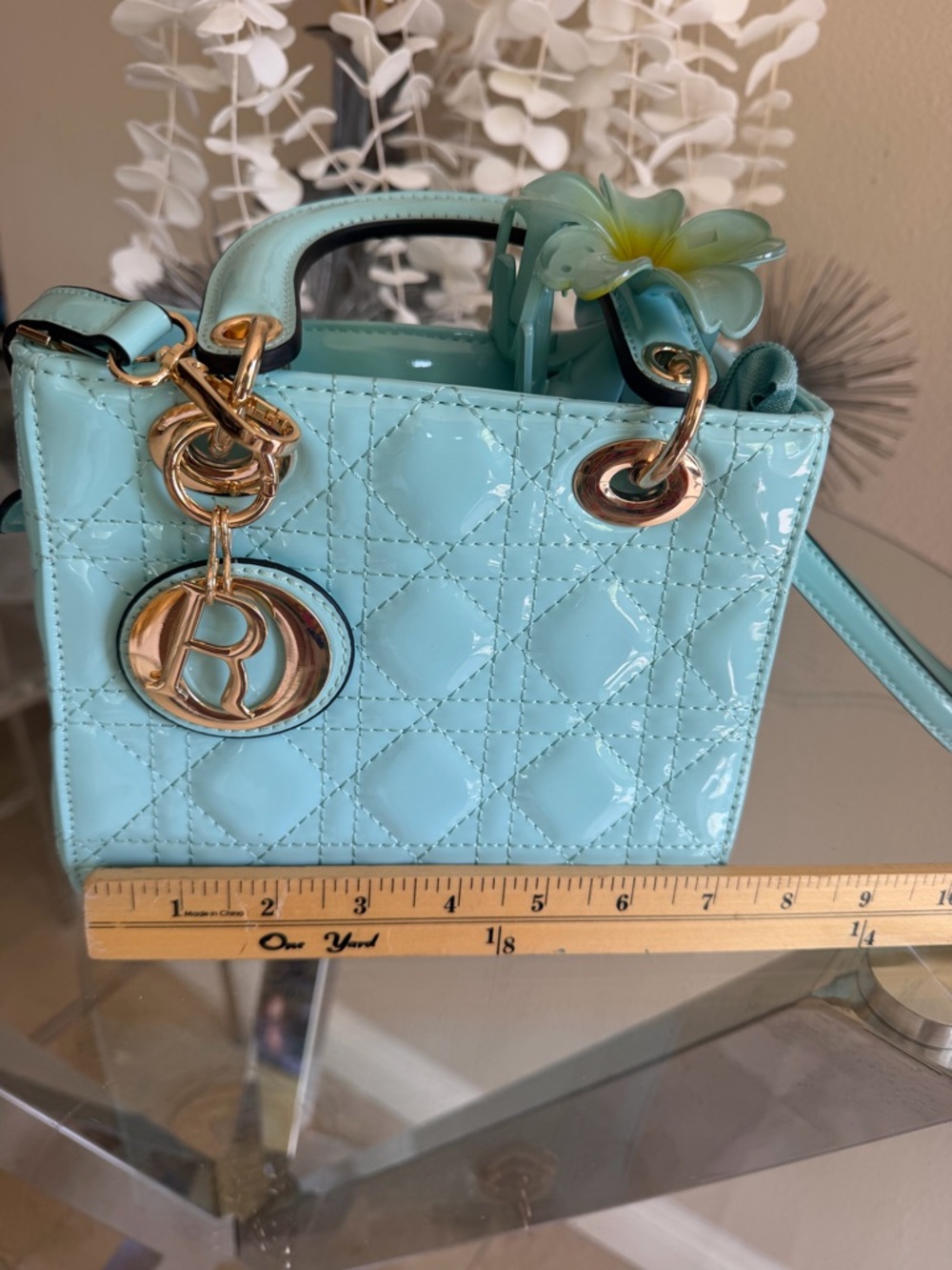Aqua Patent Leather Quilted Top-Handle Bag with Gold Hardware - Picture 7 of 9